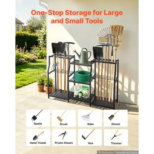 VEVOR Gartengeräte Ständer 1235x290x795mm 3-Stöckiger Gerätehalter Schwarz, Aufbewahrungsregal für Garage Schuppen Garten, Organizer aus Stahl für Besen Mopp Rechen, mit Ablagefächern & Nivellierfüßen – Bild 4