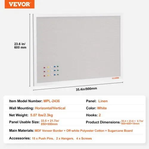 VEVOR 36"x24" weiße Korktafel mit Leinenoberfläche – stilvolle wandmontierte Pinnwand für Zuhause, Schule, Büro – elegantes und funktionales Schwarzes Brett – Bild 6