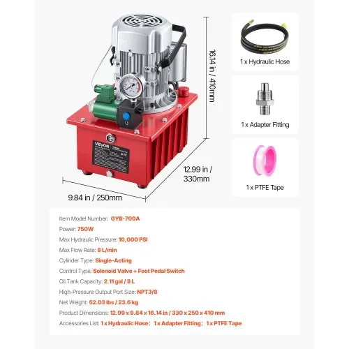 VEVOR Elektrische Hydraulikpumpe 750 W, Einfachwirkende Elektrohydraulikpumpe 10000 PSI, Hydraulikaggregat, Magnetventil mit Fußschalter, 8 L Öltank, für Stanz-, Biege- und Einfachwirkende Zylinder – Bild 6