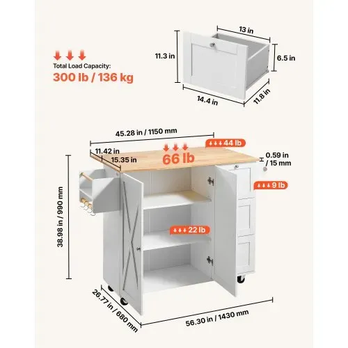 VEVOR Servierwagen Küchenwagen 1430 x 680 x 990 mm, 136 kg Belastbar Kücheninsel Küchenschrank, Rollwagen Küchentrolley mit Handtuchhalter & 2 Schubladen, Mikrowellenschrank Küchenrollwagen Massivholz – Bild 2