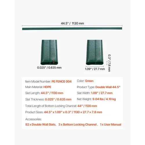 VEVOR Sichtschutzlamellen 1130 mm, doppelwandige vertikale Lamellen mit unterer Verriegelung für Maschendrahtzäune, hochdichte HDPE-Maschendrahtlamellen, ideal für Garten, Bauernhof, Sportplatz (grün) – Bild 6