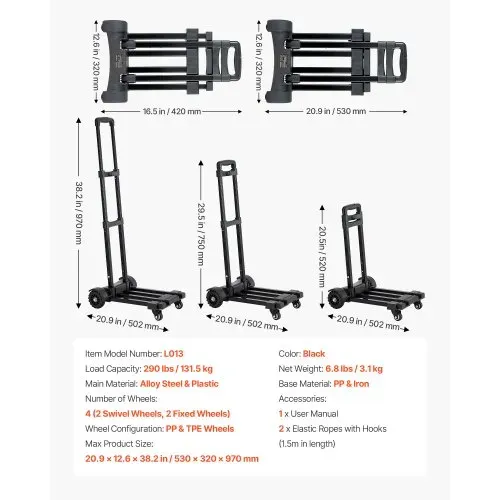 VEVOR Sackkarre klappbar, 131,5kg Tragkraft, Transportkarre mit 4 Rädern, 2 elastischen Seilen & erweiterbarer Basis, Transportwagen für Flughafen, Reisegepäck, Büroumzüge, Schwarz, 530x320x970mm – Bild 6