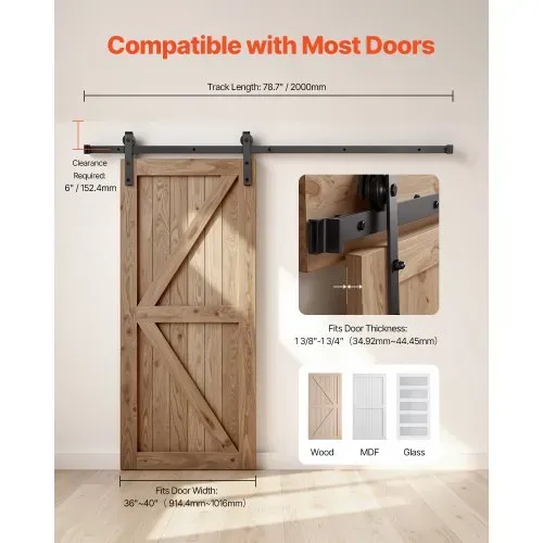 VEVOR Schiebetürsystem 2 m Laufschiene, Tragkraft 150 kg, kompatibel mit 91,4–101,6 cm Breite & 3,5-4,5 cm Dicke, einzelne Schiebetür im Scheunenstil, Schiene & J-förmige Rolle, schwarz – Bild 5