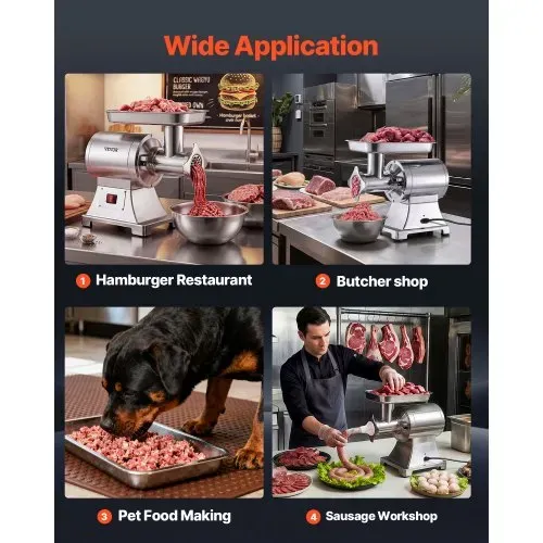 VEVOR Fleischwolf, 4,2 kg/min Kapazität, #12 Elektrischer Fleischwolf mit 2 Lochscheiben, 3 Wurstfüllrohren & Kibbeh-Set, 750 W, 2-in-1 Küchenmaschine für Privatküchen & Restaurants – Bild 7