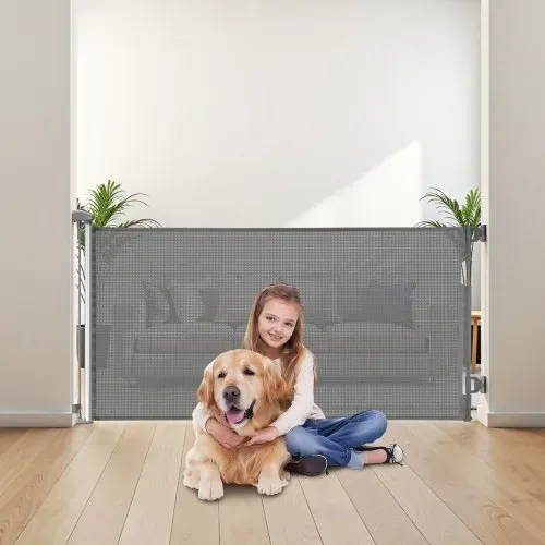 VEVOR einziehbares Babygitter Hundegitter ausziehbar auf 143 cm Breite / 795 mm Höhe, Treppenschutzgitter mit Sicherheitsschloss, Schutzgitter aus Netzgewebe für Treppen Flure drinnen/draußen, grau – Bild 7