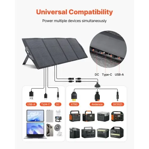 VEVOR 200W Faltbares Solarpanel, Tragbares Solarmodul mit 24% Effizienz IP67 Wasserschutz Monokristalline Solarzellen, Mobiles Solarladegerät mit USB-A Typ-C & DC Anschluss für Camping Outdoor Notfall – Bild 2
