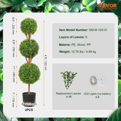 VEVOR Buchsbaumkugel Künstlich 122cm hoch Garten Deko Buchsbaum im Blumentopf Kugel künstlich Buchskugel Kunstpflanze aus PE, Holz, PP inkl. 2 Stk. Dekorative LED-Leuchten und 10 Stk. Ersatzblätter – Bild 6