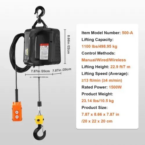 VEVOR 3 in 1 Elektrische Seilwinde 498,95kg Tragfähigkeit Seilhebezug Hubgeschwindigkeit ≥4m/min Motorwinde 7m Hubhöhe Seilhebezug 1500W Seilzug 3 Steuer-Modi Manuell/Kabelgebunden/Kabellos – Bild 6