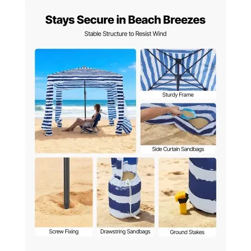 VEVOR Strand-Cabana, 183 x 183 cm Strandüberdachung mit Seitenwand, UPF 50+ Sonnenschutz, Strandpavillon mit Sandsäcken, tragbarer Sonnenschutz Sonnenschirm für Familie Freunde marineblaue Streifen – Bild 2