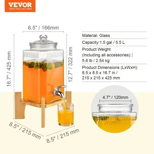 VEVOR Getränkespender, 5,5 L Getränkespender für Partys, Saftspender aus Glas mit Ständer, Zapfhahn aus Edelstahl, Eistee-Limonadensaft-Wasserspender, für Restaurants, Hotels, Partys – Bild 6