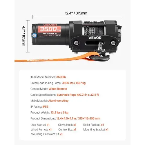 VEVOR Elektrische Seilwinde 1587 kg, 12 V DC Motorwinde mit 5,3 mm x 10 m Synthetikseil & Kabelgebundener Fernbedienung, IP55, Aluminiumgehäuse, Elektrowinde zum Abschleppen von ATVs, Schwarz – Bild 6