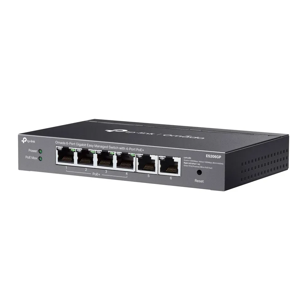 TP-Link Switch full managed Layer2 6 Port • 6x GbE • 4x PoE+ Ports • PoE Budget 65 Watt • Lüfterlos, Omada • ES206GP – Bild 3