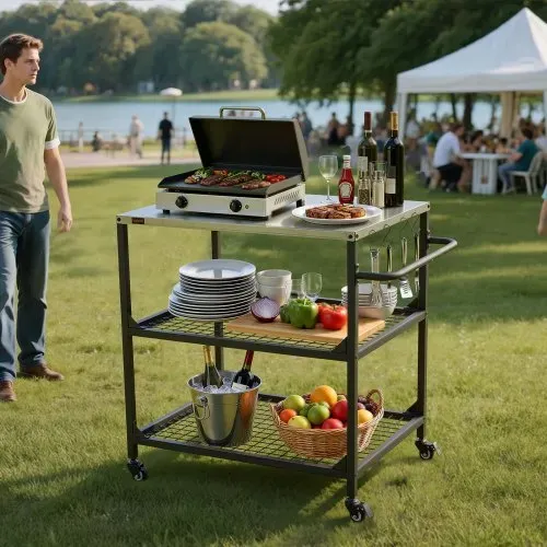 VEVOR Grillwagen Outdoor 80x61 cm (Tischplattengröße), Rollbarer Grilltisch mit seitlichem Griff & 2 Gitterablagen & 4 Rädern, Grillvorbereitungstisch Servierwagen für Picknick Küche Garten – Bild 7