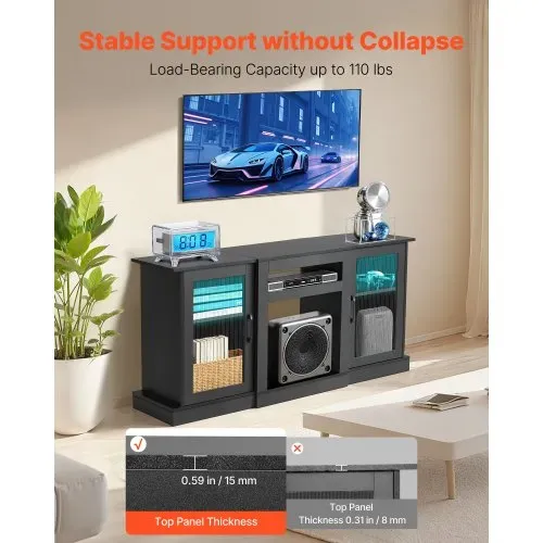VEVOR TV-Ständer für Fernseher bis zu 65 Zoll, TV Tisch mit Lichtleiste, TV-Schrank aus Holz mit Türen & verstellbaren Regalen, Konsolentisch Fernsehschrank für Wohnzimmer Schlafzimmer, Schwarz – Bild 4
