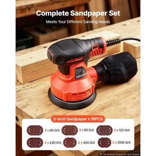 VEVOR 250W Exzenterschleifer 127mm Elektrisches Schleifgerät Holzschleifer, 6000-12000U/min, 6 Stufige Drehzahlregelung, 16 Schleifpapiere, Staubbeutel, 3m Netzkabel, Handschleifer für Holzbearbeitung – Bild 3