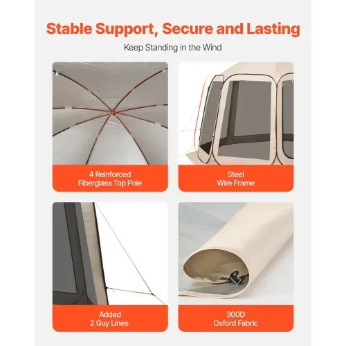 VEVOR Campingzelt, 457,2x420,6x245 cm, Partyzelt für 12–15 Personen, Pop Up Zelt, inkl. Tragetasche, Netz-Seitenwände und Heringen, für Garten, Terrasse und Outdoor-Aktivitäten, Beige – Bild 4