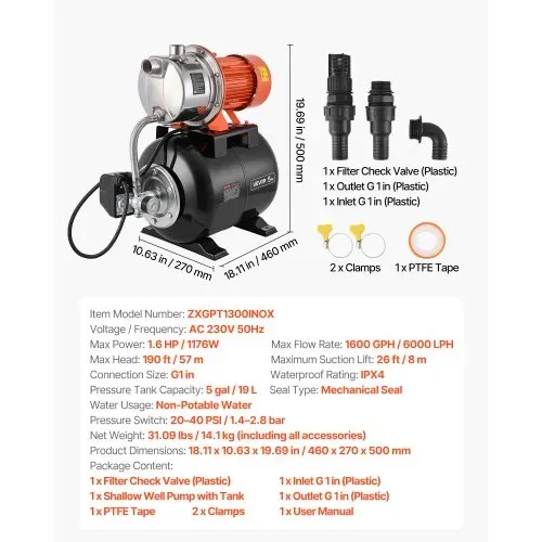 VEVOR Hauswasserwerk 1176 W, 6000 L/h Jetpumpe mit 19 L Druckbehälter, 57 m Förderhöhe, inkl. Automatischem Wasserfördersystem & Edlstahlpumpenkopf, zur Gartenbewässerung & Hauswasserversorgung – Bild 6