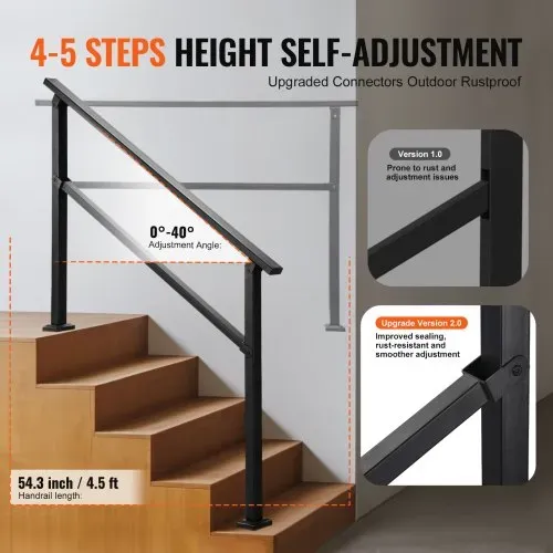 VEVOR Handlauf 138 cm, Treppengeländer-Set für 4–5 Stufen, schwarzes Vierkantrohr mit horizontaler Stange, Stützgeländer aus Karbonstahl für Senioren, Beton- & Decktreppen – Bild 2
