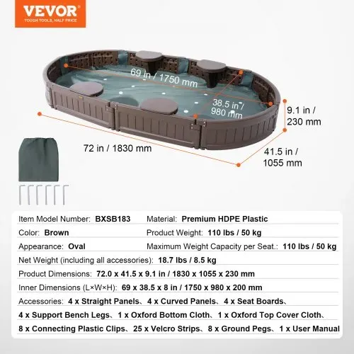 VEVOR Sandkasten mit Abdeckung, 183 x 105 x 23 cm, ovaler Sandkasten, HDPE-Sandgrube mit 4 Ecksitzen und Bodenauskleidung, Kindersandkasten für Garten, Strand, Park, Geschenk für Jungen und Mädchen im Alter von 3–12 Jahren, braun – Bild 6