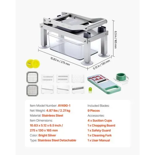 VEVOR Gemüseschneider, Mandolinenschneider, All-in-1-Multischneider mit 9 Klingen, Käsereibe, Zwiebel- & Kartoffelwürfelschneider mit Behälter, Salatspiralschneider, Küchenhelfer & -utensilien – Bild 6