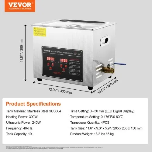 VEVOR Ultraschallreiniger Ultraschall Edelstahl-Reinigungsgerät 300 W, 10 L Ultraschallreinigungsgerät mit digitaler Anzeige 0-30 Min, Reinigung Ultraschall für Schmuck, Brillen, Uhren usw. – Bild 6