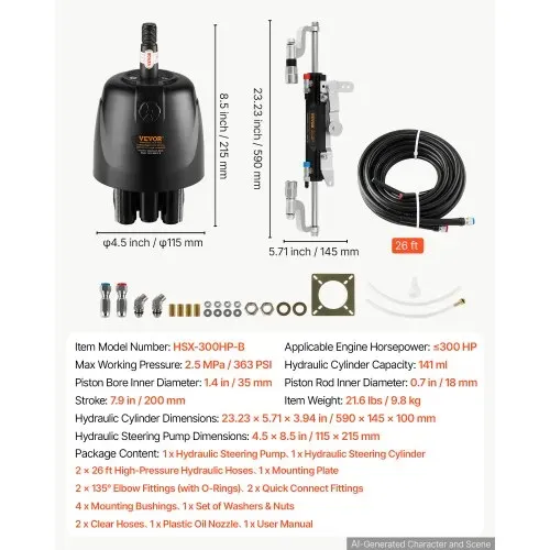 VEVOR Hydraulisches Außenbord-Lenkungsset 300 PS mit 2,5 MPa Steuerpumpe für Verschiedene Bootsmodelle, mit 2 x 26-Fuß-Hochdruckschläuchen, 5/16-Zoll-Schnellkupplungen und Langlebigen Dichtungen – Bild 6