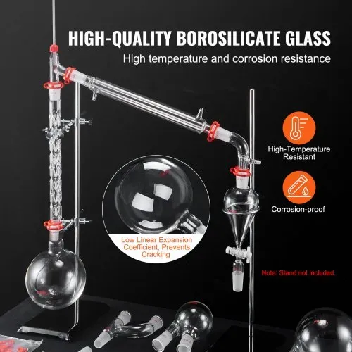VEVOR Labor-Destillationsset, 3,3-Boro-Laborglas-Destillationsset mit 24- und 40-Verbindungen, 1000-ml-Destillationsgeräte-Set für Ätherische Öle, 29-teiliges Set mit Glaswaren – Bild 2