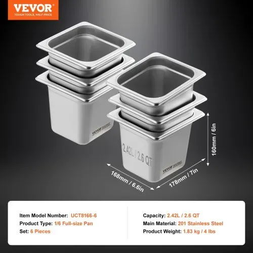 VEVOR Gastronormbehälter, Edelstahl Behälter 6 Stk. 1/6 Größe 178 x 168 x 160 mm Speisebehälter, kommerzieller Dampfpfanne Warmhaltebehälter für Speisen, Torten, Hotelpfanne Tisch Food Pan Buffet – Bild 6