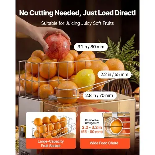 VEVOR Gewerbliche Orangenpresse Elektrische Zitruspresse 120 W Edelstahl, Saftpresse für bis zu 20 Orangen pro Minute, Entsafter für Zitronen Zitrusfrüchte mit Wasserhahn & Schalen-Auffangbehälter – Bild 3