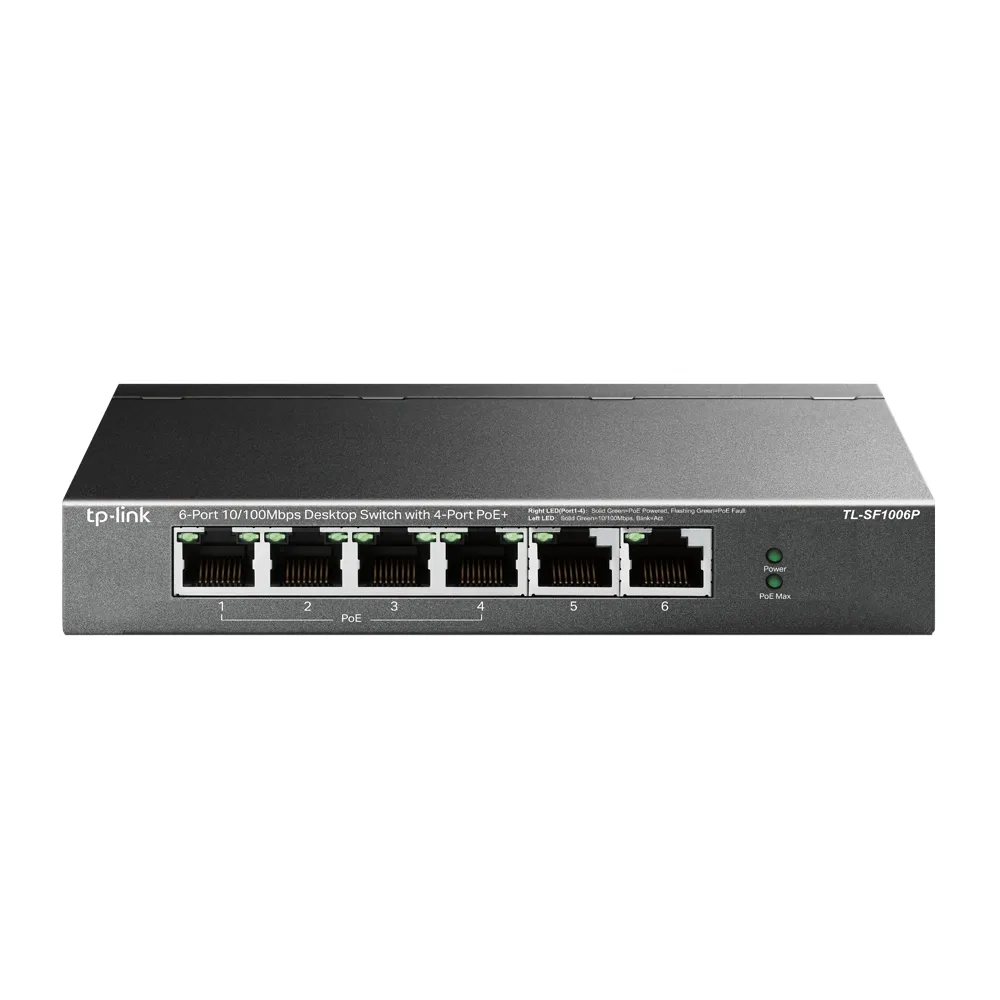 TP-Link 6-Port 10/100Mbit/s-Desktop-Switch mit 4-Port PoE+ TP-Link 6-Port 10/100Mbit/s-Desktop-Switch mit 4-Port PoE+