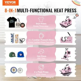 VEVOR Hitzepresse Transferpresse 38x38cm 8 in 1 Tumbler Presse T-Shirts Rosa VEVOR Hitzepresse Transferpresse 38x38cm 8 in 1 Tumbler Presse T-Shirts Rosa