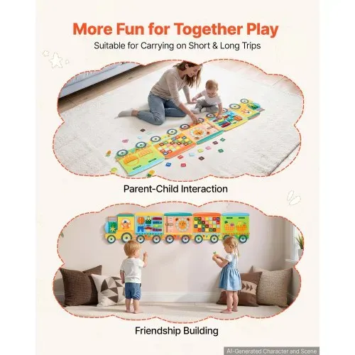 VEVOR Montessori Busy Board 14-in-1 Faltbares Wandmotorikbrett Zugthema, Aktivitätsbrett zur Bildung & Frühe Entwicklung für Kinder, Filzstoff, mit Buchstaben Früchten, Gemüse Uhr & Lernelementen – Bild 5