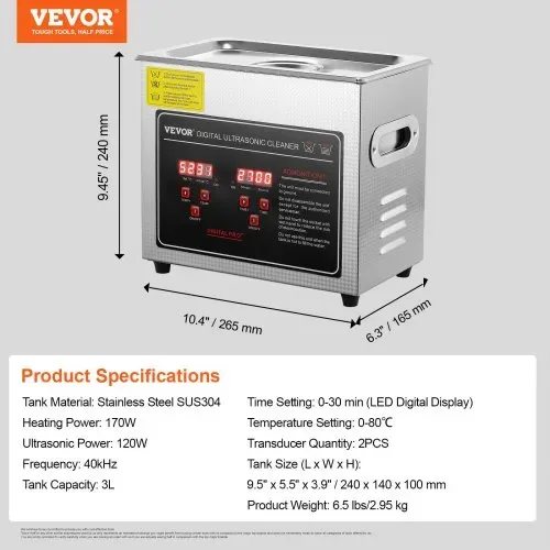 VEVOR Ultraschallreiniger Ultraschall Edelstahl-Reinigungsgerät 150 W, 3 L Ultraschallreinigungsgerät mit Digitaler Anzeige 0-30 Min, Reinigung Ultraschall für Schmuck, Brillen, Uhren usw. – Bild 6