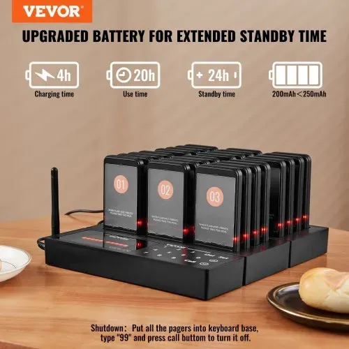 VEVOR Restaurant-Pager-System, Kabelloses Warteschlangensignal mit 400 m Reichweite, Piepser zur Rufannahme von Gästen mit Vibration und Blinken, 24 Pager für Imbisswagen, Kirche VEVOR Restaurant-Pager-System, Kabelloses Warteschlangensignal mit 400 m Reichweite, Piepser zur Rufannahme von Gästen mit Vibration und Blinken, 24 Pager für Imbisswagen, Kirche