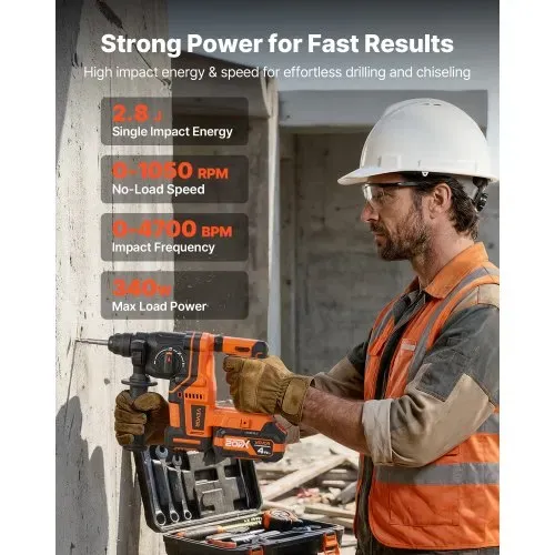 VEVOR Akku-Bohrhammer 13/16 Zoll SDS-Plus, 20 V Meißelhammer Bürstenlos mit Ladegerät & 3 Bohrer & Flachmeißel & Spitzmeißel & Transportkoffer, für Beton und Mauerwerk Schwarz Orange VEVOR Akku-Bohrhammer 13/16 Zoll SDS-Plus, 20 V Meißelhammer Bürstenlos mit Ladegerät & 3 Bohrer & Flachmeißel & Spitzmeißel & Transportkoffer, für Beton und Mauerwerk Schwarz Orange