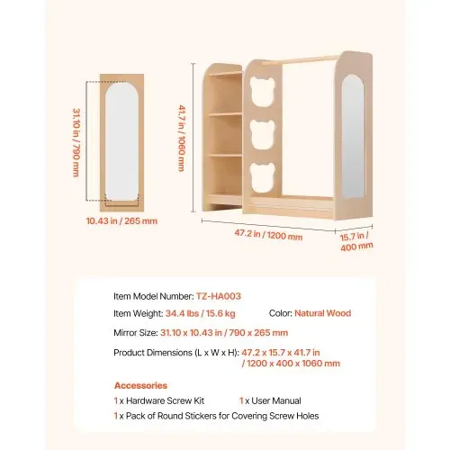 VEVOR Kinderkleiderschrank 120x40x106cm, Kindergarderobe mit Spiegel Kleiderstange Ablagen, Multiplexholz Verkleidungsschrank für Mädchen, Kinderschrank für Kostüme Dress-Up Schlafzimmer, Naturholz – Bild 6