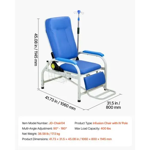 VEVOR Medizinischer Stuhl mit IV-Infusionsständer Infusionsstuhl 181kg, Stahlkonstruktion, 90-160° Verstellbar, Mit Gepolstertem Sitz Fußstütze & Aufbewahrungskorb, Für Krankenhäuser Pflegeheime – Bild 6