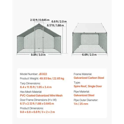 VEVOR Hühnerstall, 3x2x2 m Begehbarer Hühnerauslauf mit Abdeckung, Hühnerhaus mit Turmdach & Sicherheitsschloss, Enten- & Kaninchenkäfig, Geflügelgehege für Hinterhof, Bauernhof, Hof – Bild 6