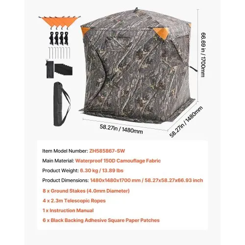 VEVOR Jagdzelt Jagdversteck Bodenzelt Pop-Up-Hirschversteck für 2–3 Personen zur Jagd mit Tragetasche, tragbares & belastbares Bodenversteck mit 3 horizontalen Fenstern 148 x 148 x 170 cm – Bild 6