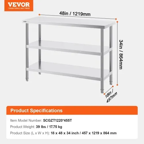 VEVOR Lebensmittel-Zubereitungstisch aus Edelstahl, Gewerblicher Küchenarbeitstisch, mit 2 verstellbaren Unterregalen, 457 x 1219 x 864 mm Zubereitungstisch für Grill, Küche, Zuhause – Bild 6