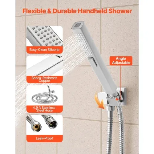 VEVOR Duschsystem-Set mit 10 Zoll Regenduschsystem / 6 Körperbrausen / 2 in 1 Handbrause, drehbarer Regenkopfsystem (3 Funktionen), Messingventil und Verkleidungssatz, Chrom Badezimmer – Bild 5