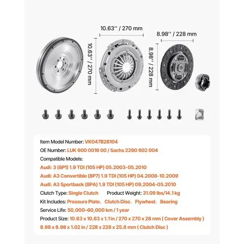 VEVOR Kupplungssatz mit Schwungrad, OEM-Kupplungssatz, OEM-Ersatz-Getriebekupplungssatz, kompatibel mit 2003–2010 Audi A3 (8P1), 2008–2009 A3 Cabrio (8P7), 2004–2010 A3 Sportback (8PA) – Bild 6