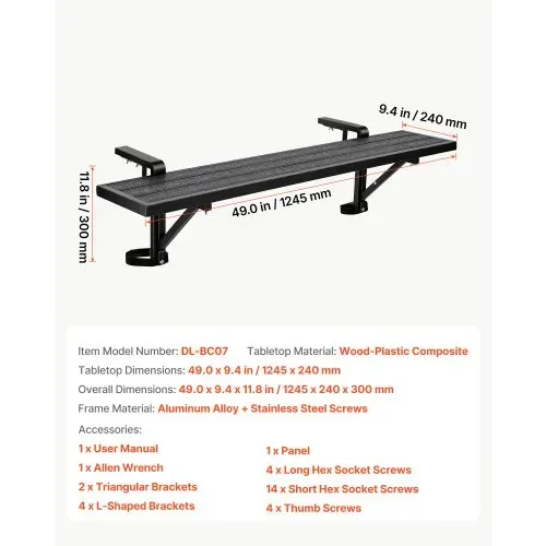 VEVOR Balkonhängetisch 1245x240 mm Hängetisch 27 kg Balkontisch Schwarz, für Terrasse, Garten, Deck, Passend für 25–65 mm Geländer, Verstellbarer Halterungsabstand, Holz-Kunststoff-Verbundmaterial – Bild 6