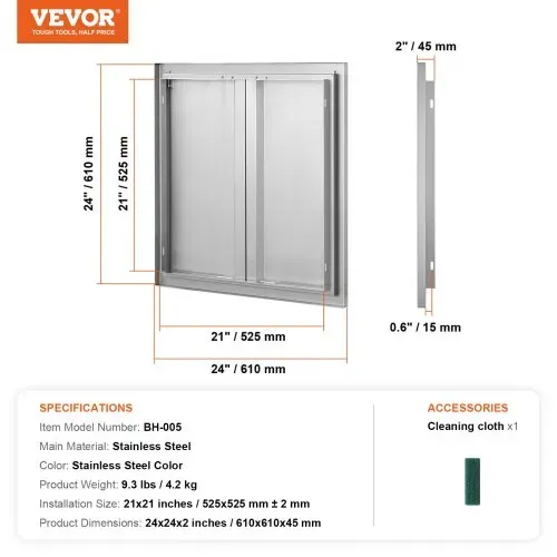 VEVOR Grill-Zugangstür, 610 x 610 mm, doppelte Außenküchentür, flächenbündig montierte Edelstahltür, vertikale Wandtür mit versenkbaren Griffen, für Grillinsel, Grillstation, Außenschrank – Bild 6