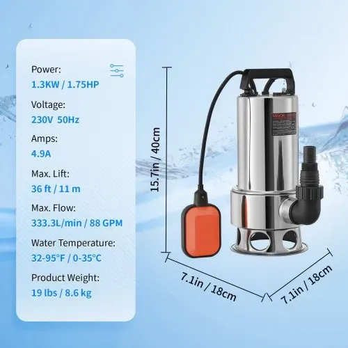 VEVOR Tauchwasserpumpe, 1300 W, 20000 l/h, mit 10 m Kabel und automatischem Schwimmerschalter, Edelstahl und Gusseisen für schmutzige oder saubere, leere Gartenteiche, Schwimmbäder, Whirlpools – Bild 6