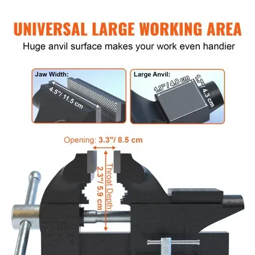 VEVOR 11,5cm Schraubstock 240° Drehbar Sphäroguss Werkbankschraubstock 1,5-4,5cm Rohrspanndurchmesser Schraubstock 8,5 cm Backenöffnung Parallelschraubstock Ideal zum Schärfen Schleifen Schneiden usw. – Bild 2