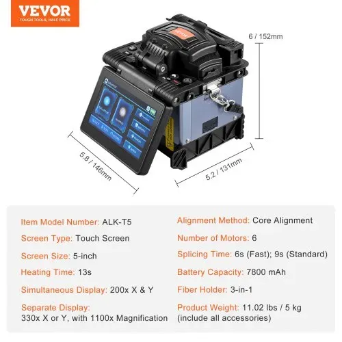 VEVOR Glasfaser-Schweißgerät mit 6 Motoren, Kernausrichtung, Spleißgerät, 6 s Spleißen & 13 s Aufheizen, Fusionsspleißgerät mit 5-Zoll-Touchscreen, 3-in-1-Faserhalter, 7800 mAh Akku für SM MM DS NZDS – Bild 6