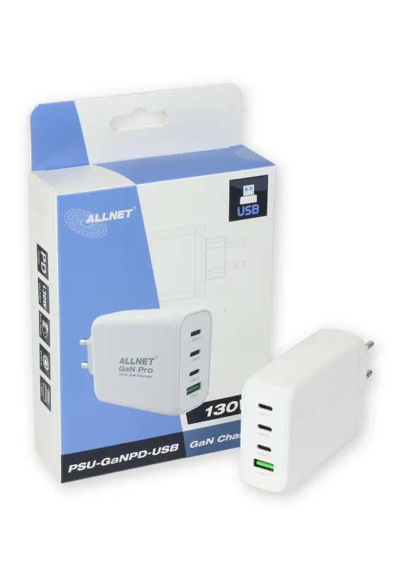 ALLNET Ersatznetzteil QC USB-C PD GaN Netzteil Power Supply 130 Watt 1x USB Typ-A QC, 3x USB Typ-C**EU PLUG** ALLNET Ersatznetzteil QC USB-C PD GaN Netzteil Power Supply 130 Watt 1x USB Typ-A QC, 3x USB Typ-C**EU PLUG**