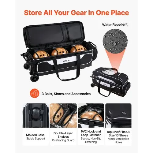 VEVOR Bowlingtasche mit Rollen für 3 Kugeln 600D Oxford Schwarz + Weiß, für Schuhe bis US-Größe 16 und Zubehör, mit Teleskopgriff (bis zu 1016 mm), Doppellagigen Ablagen und Verstärkten Nähten VEVOR Bowlingtasche mit Rollen für 3 Kugeln 600D Oxford Schwarz + Weiß, für Schuhe bis US-Größe 16 und Zubehör, mit Teleskopgriff (bis zu 1016 mm), Doppellagigen Ablagen und Verstärkten Nähten