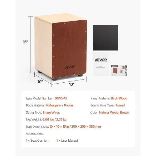 VEVOR Cajon, Kistentrommel, mit internen Snare-Drähten, kompakte & leichte Drum-Box aus Holz, Trommel-Musikinstrument mit Silikonfüßen, abgerundeten Kanten, für Anfänger & Profis, 255x255x380 mm – Bild 6